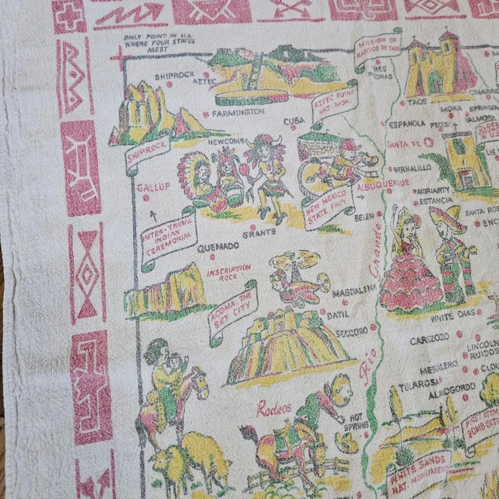 Vintage 40s Large Linen Kitchen Tea Towel New Mexico Souvenir Tourist Map 37x30